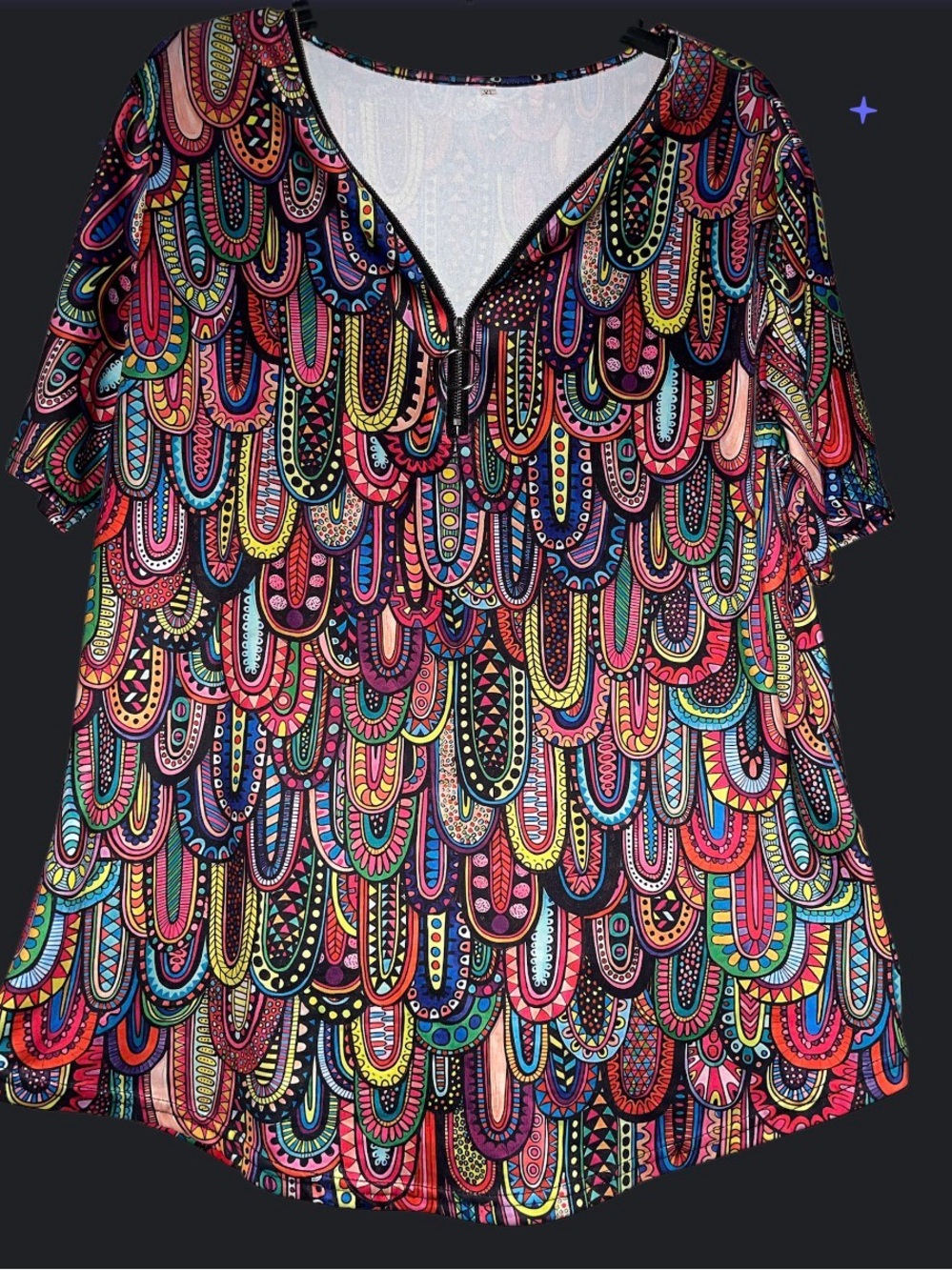 Women’s Multicolor Printed V-Neck Zip-Front Top